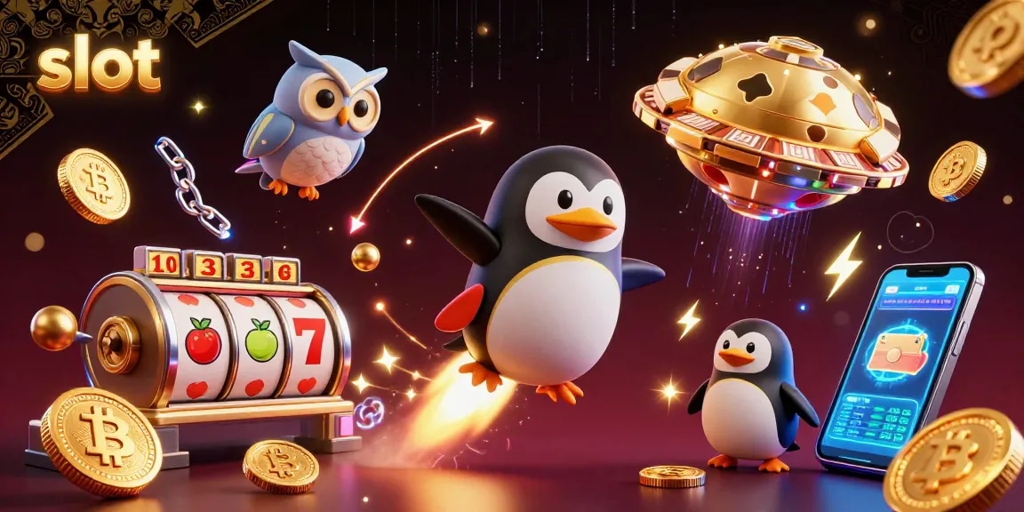 Spin the slot reels with a golden penguin, surrounded by coins and crypto symbols.