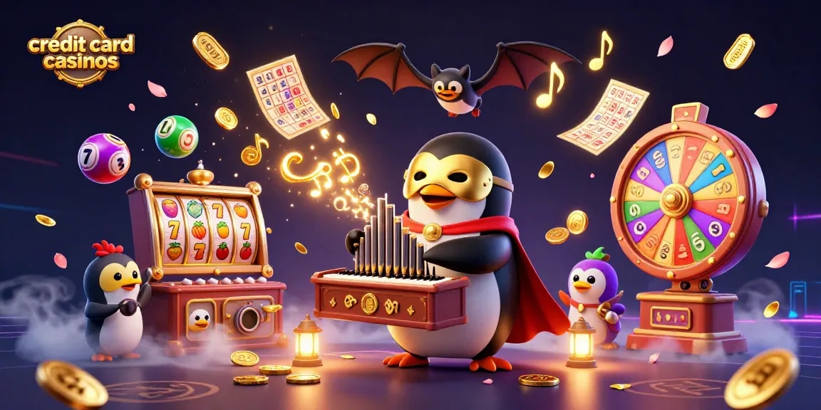 Engaging illustration of credit card casinos with a playful penguin, lottery elements, and vibrant casino games.