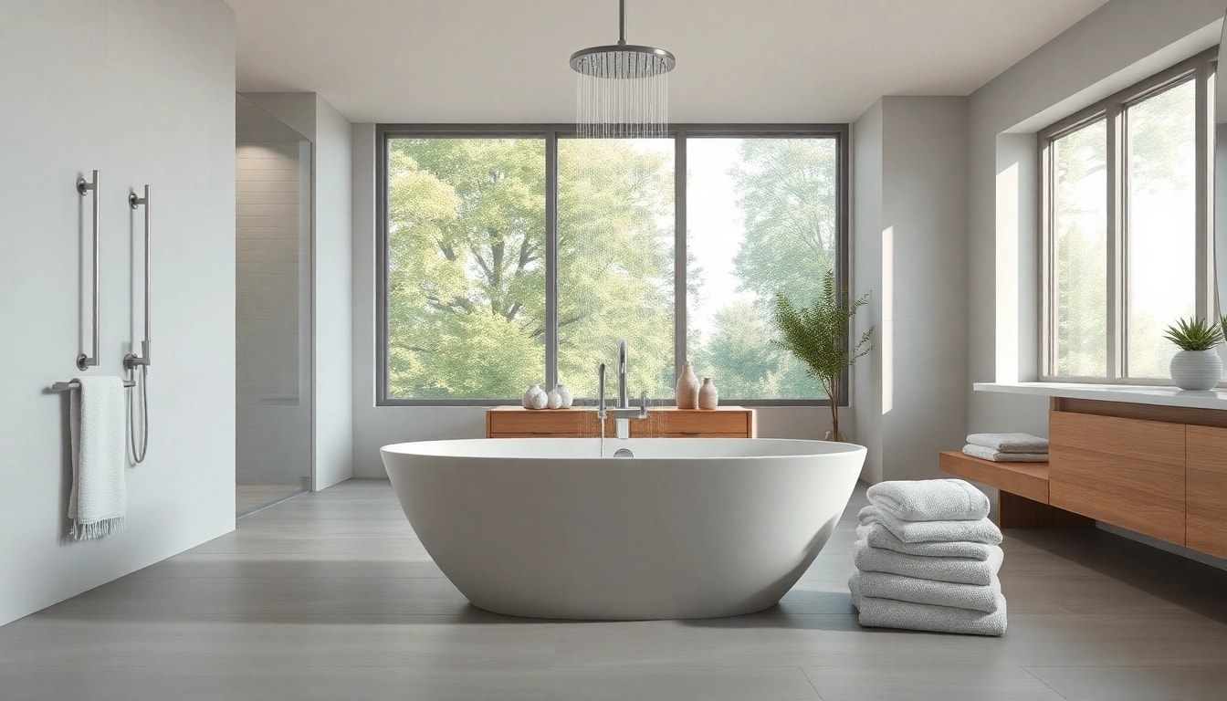 Experience elegant showers Australia with a modern bathroom featuring a freestanding bathtub.