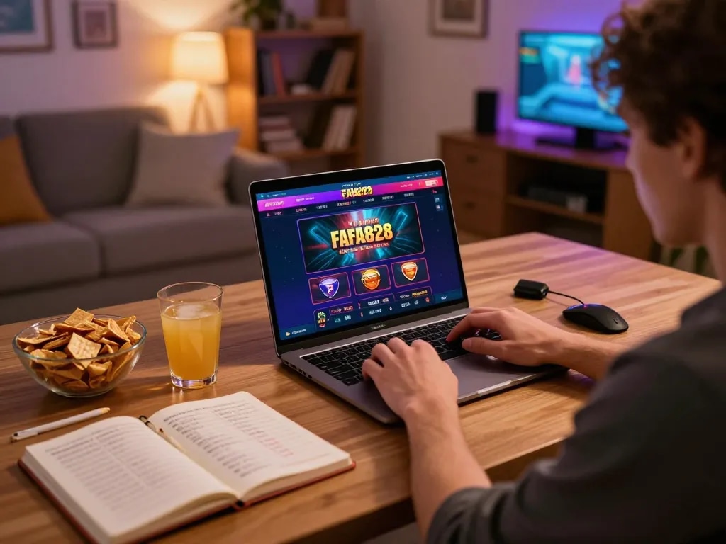 Engaged player explores FAFA828 online casino on laptop in cozy home setting, embodying strategic gaming.