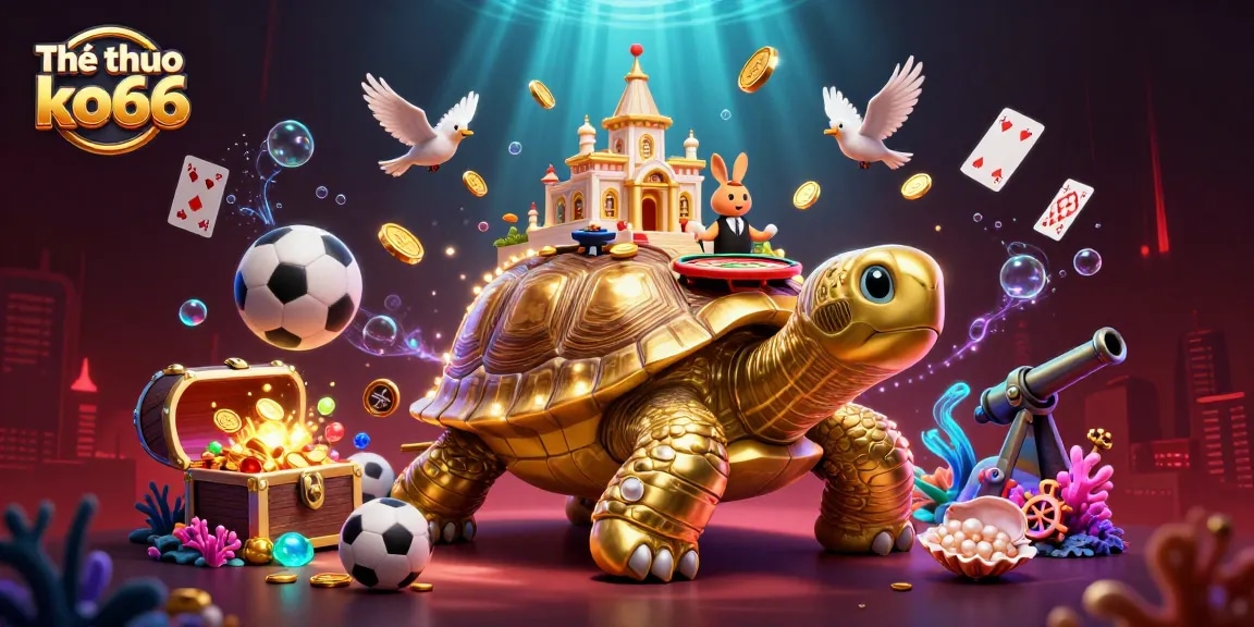 Experience Thể thao ko66 with exciting sports betting, featuring vibrant 3D illustration of a casino on a tortoise.