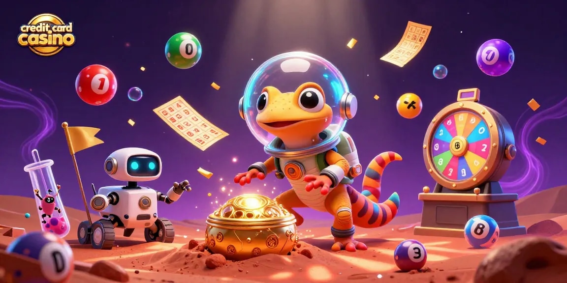 Experience the credit card casino excitement with a Martian gecko discovering a golden casino amid energetic game elements.