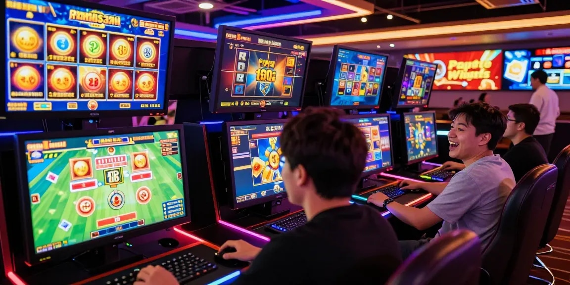 Exciting online gaming atmosphere featuring raja328 link on multiple screens, showcasing vibrant digital betting experience.