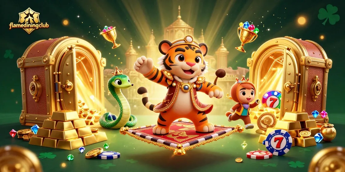 Play thrilling slots at flamediningclub, featuring a vibrant scene of a cartoon sultan on a flying carpet surrounded by treasures.