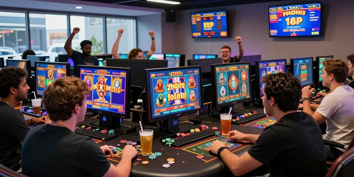 Players enjoying zeus slot in a lively gaming room with modern screens.