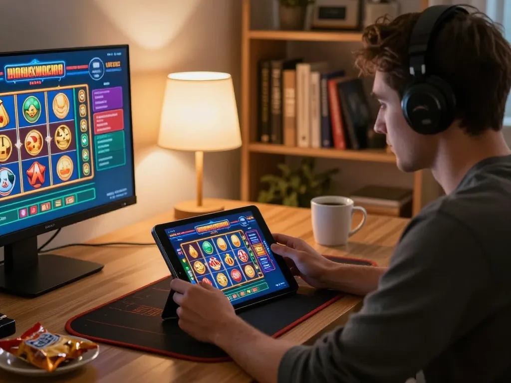 Player enjoying online casino experience on tablet with lc88 slots interface visible, cozy home atmosphere