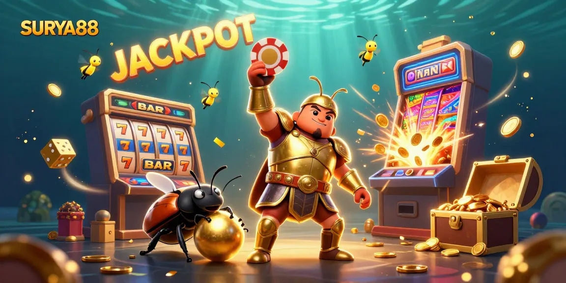 Play and win big with SURYA88 in this vibrant casino-themed 3D illustration highlighting exciting gaming elements.