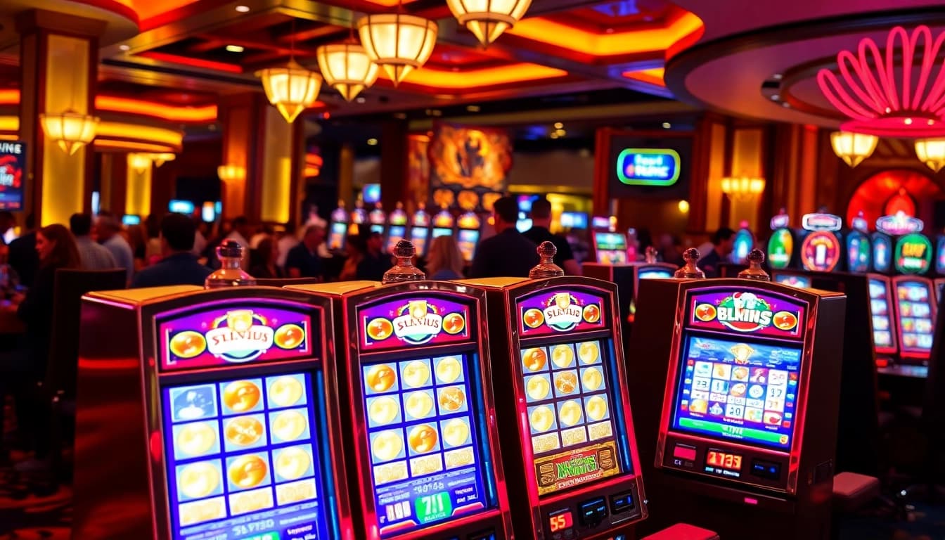 Membuka Akun Depo 5k pada mesin slot yang cerah dan ramai di kasino.