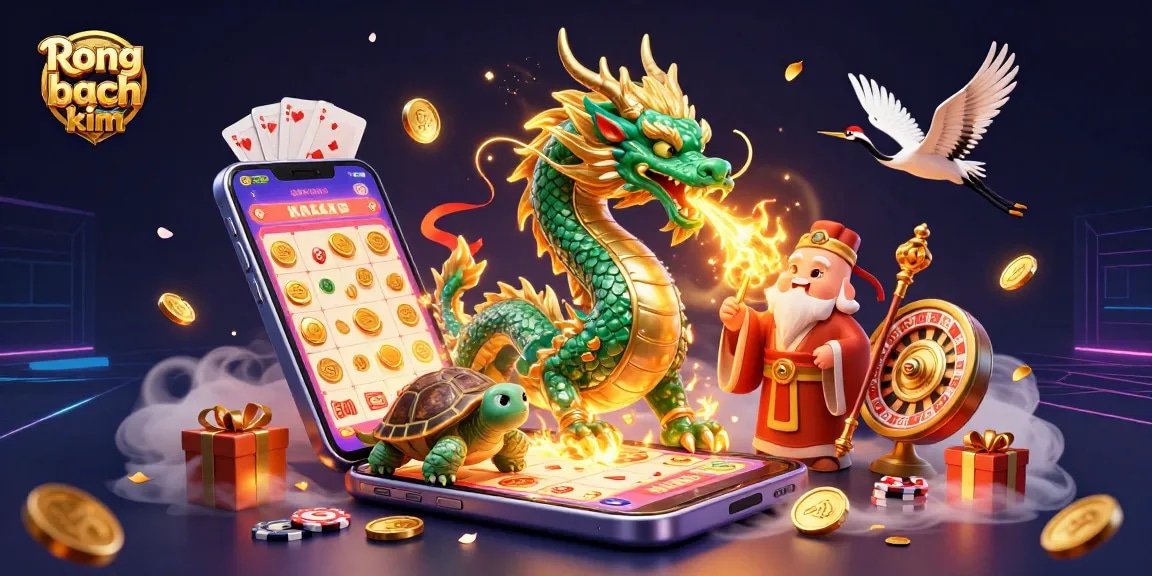 Engage in thrilling lottery strategies with Rong bach kim as the majestic jade dragon roars among luck symbols and vibrant colors.