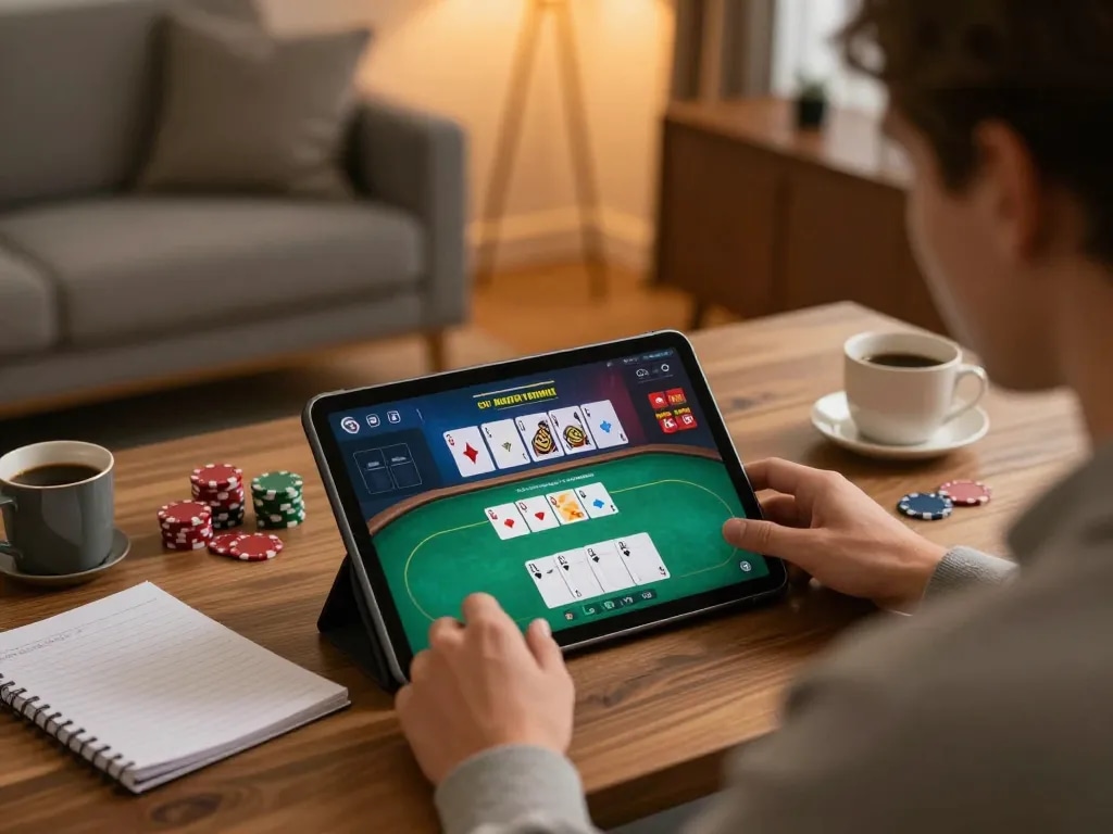 The player on alexis77 reviews poker hands on a tablet in a cozy home office