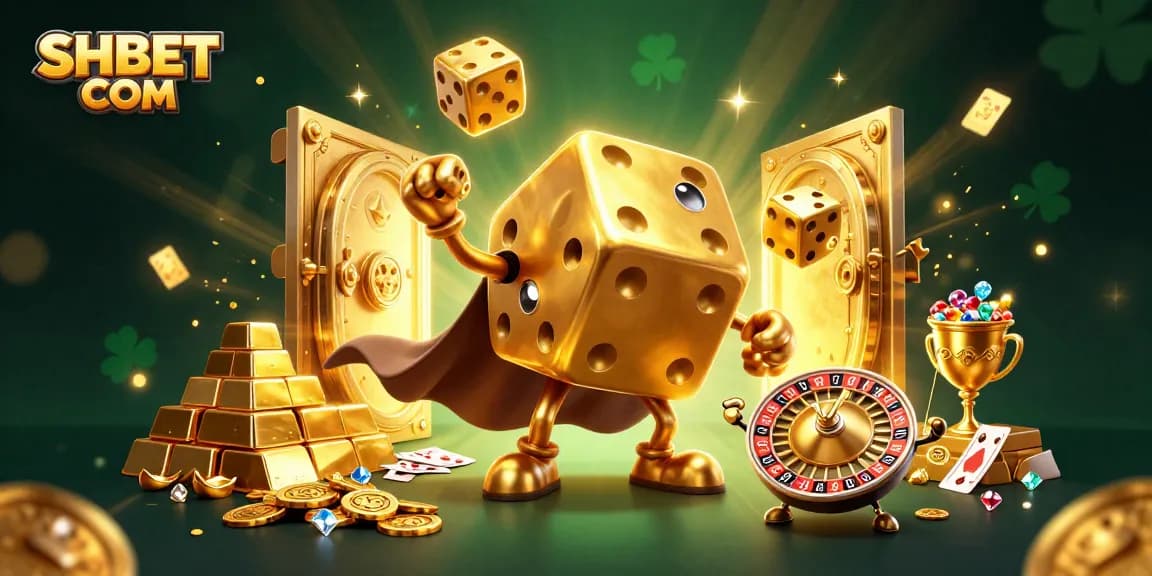 Experience winning moments with SHBET COM in a vibrant 3D casino illustration filled with gold and gems.