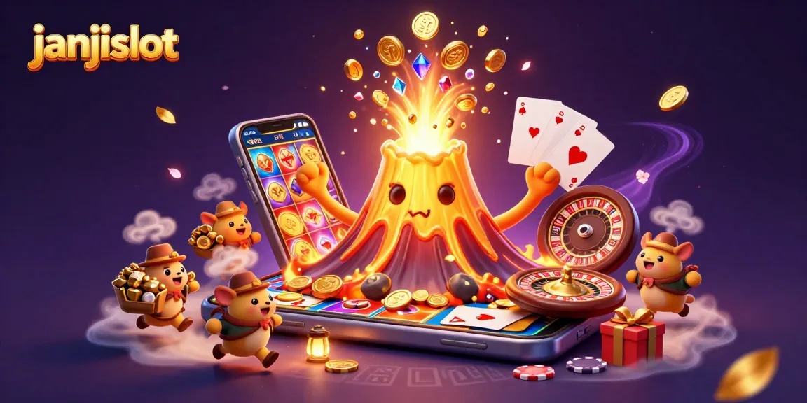 Experience thrilling gameplay with janjislot's dynamic casino-themed illustration featuring a golden volcano and treasure!