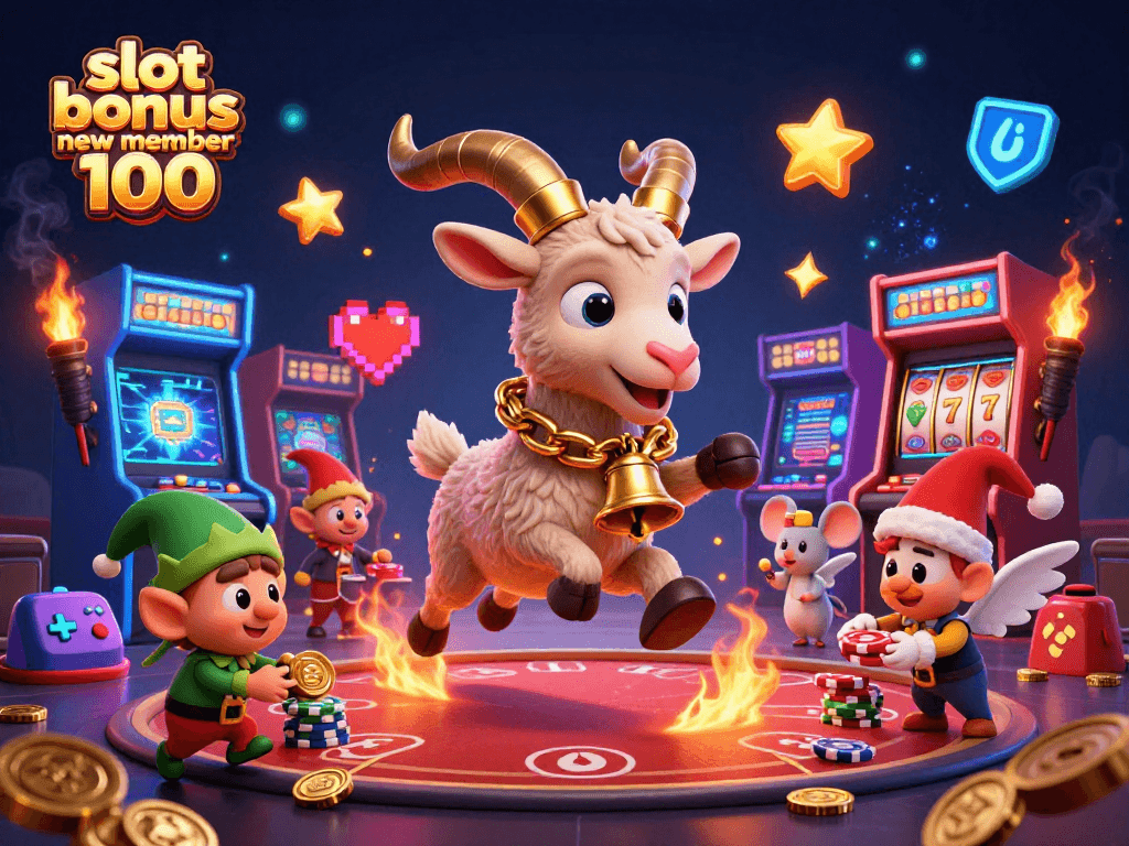 Experience the excitement of slot bonus new member 100 through this colorful casino illustration with dynamic characters and gaming elements.