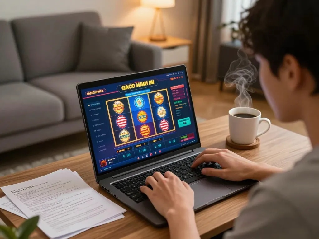 Engaged player enjoying slot gacor hari ini at home, focused on online gaming strategy and experience