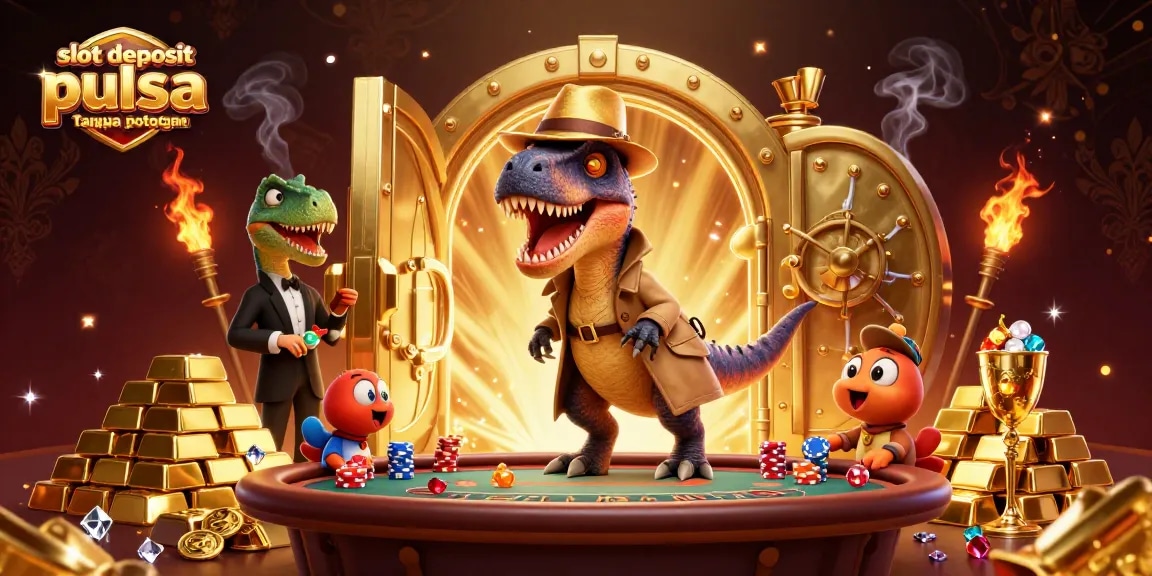Menangkan permainan slot deposit pulsa tanpa potongan dengan karakter kartun 3D di meja judi yang penuh harta karun.