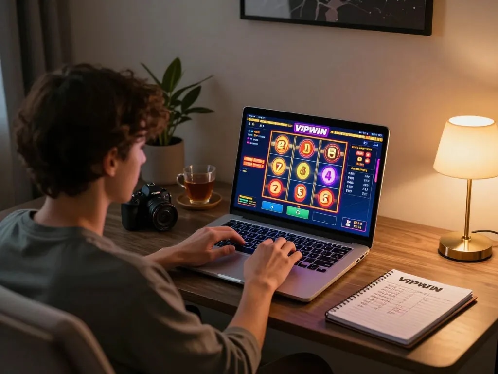 Player engaged in VIPWIN online casino gaming with vibrant slot reels on screen.