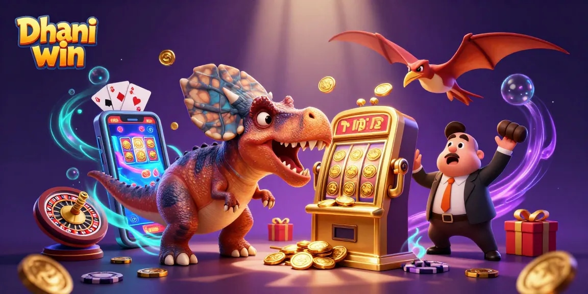 Dhani win animation with dinosaurs interacting with a slot machine amid floating coins and colorful gaming elements.