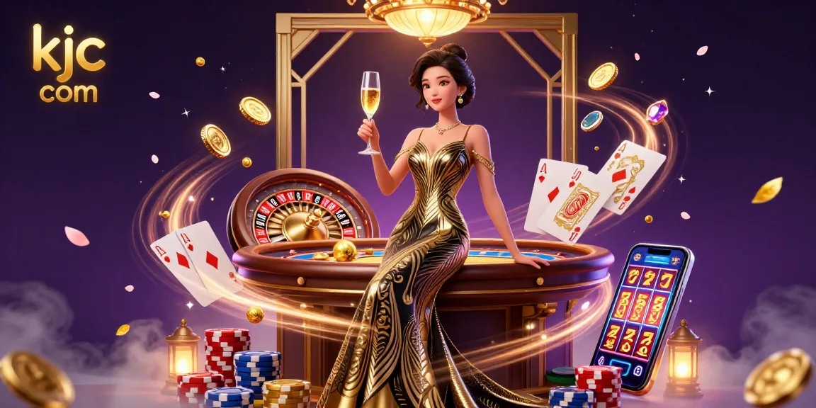 Experience the thrill of gaming with kjc com in a dazzling casino scene featuring an elegant Asian woman amidst gold coins and cards.