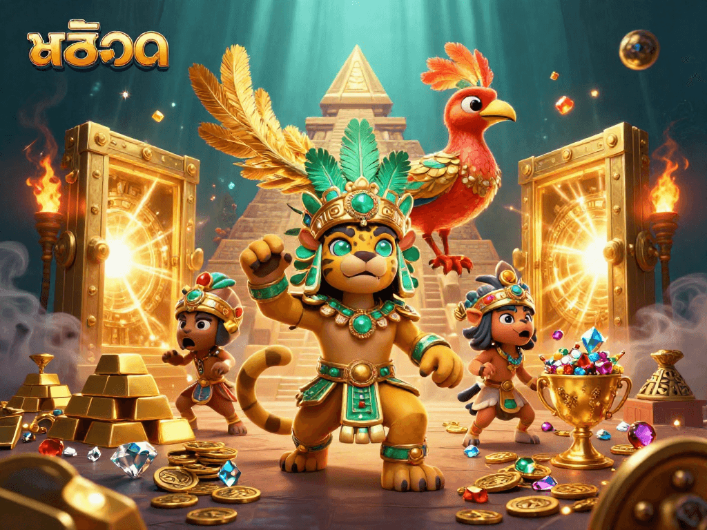 Engage with สล็อต in a vibrant casino scene featuring golden treasures and spinning reels.