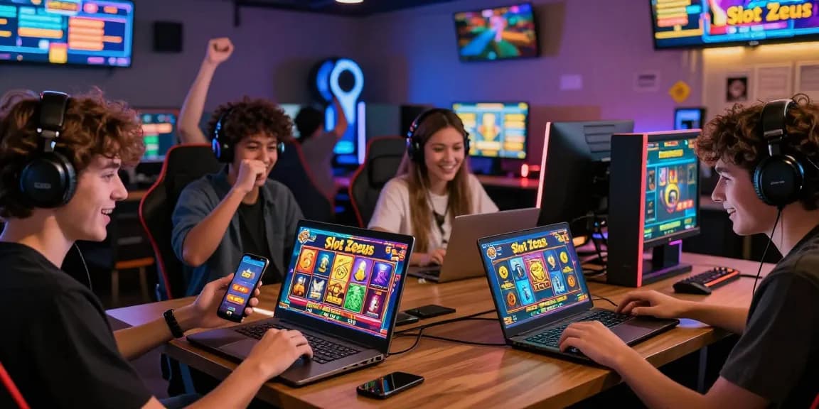 Excited players experiencing Slot Zeus game on multiple devices in a vibrant gaming lounge