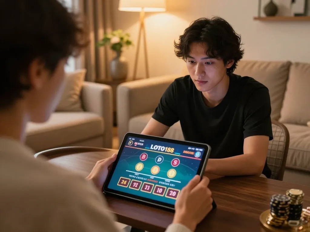 Player immersed in LOTO188 live casino game on tablet, enjoying a cozy home setting.