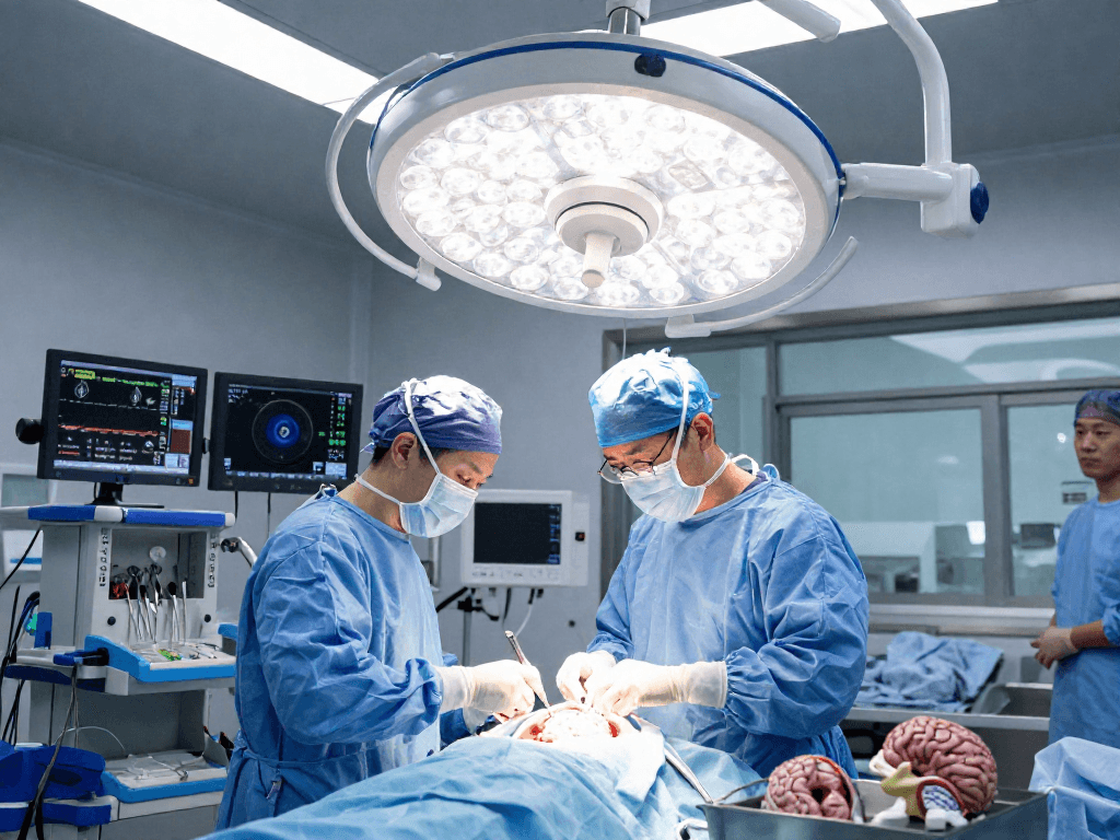 Neurosurgeon preparing for beyin tümörü ameliyatı in a modern operating room with advanced surgical tools.