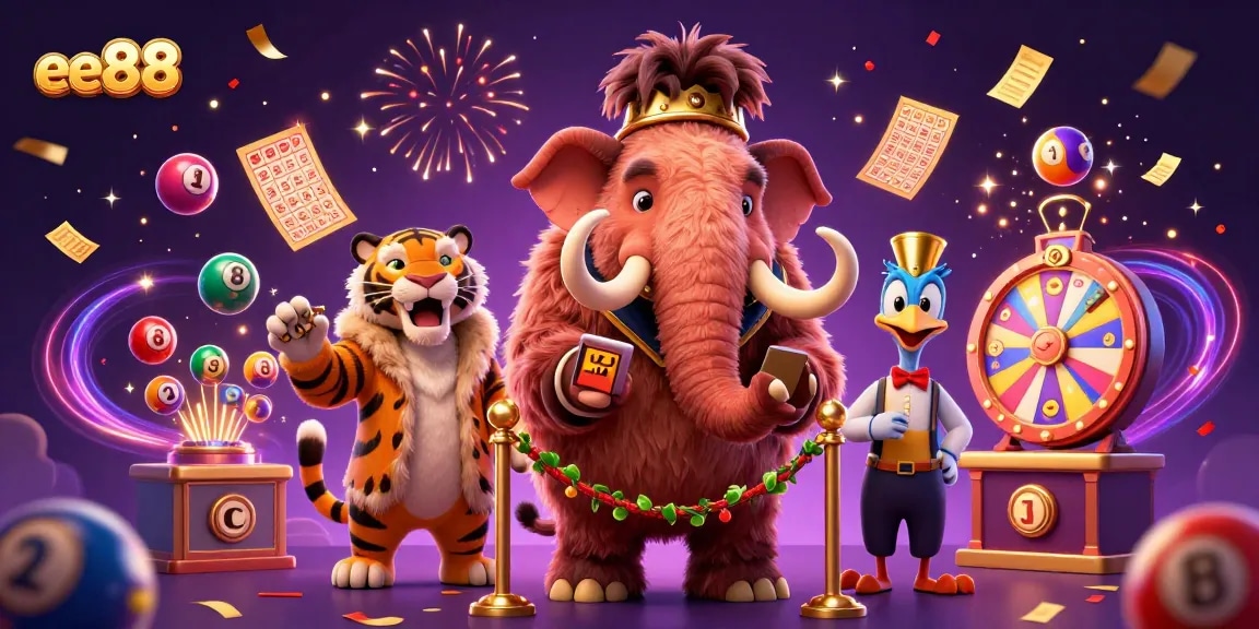 Experience the excitement of ee88 with a vibrant casino scene featuring colorful lottery balls and energetic characters.