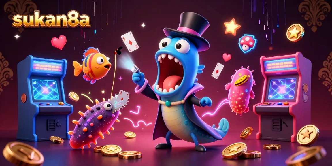 Sukan8a showcases a vibrant casino scene with animated sea creatures performing magical card tricks amidst dynamic gaming elements.