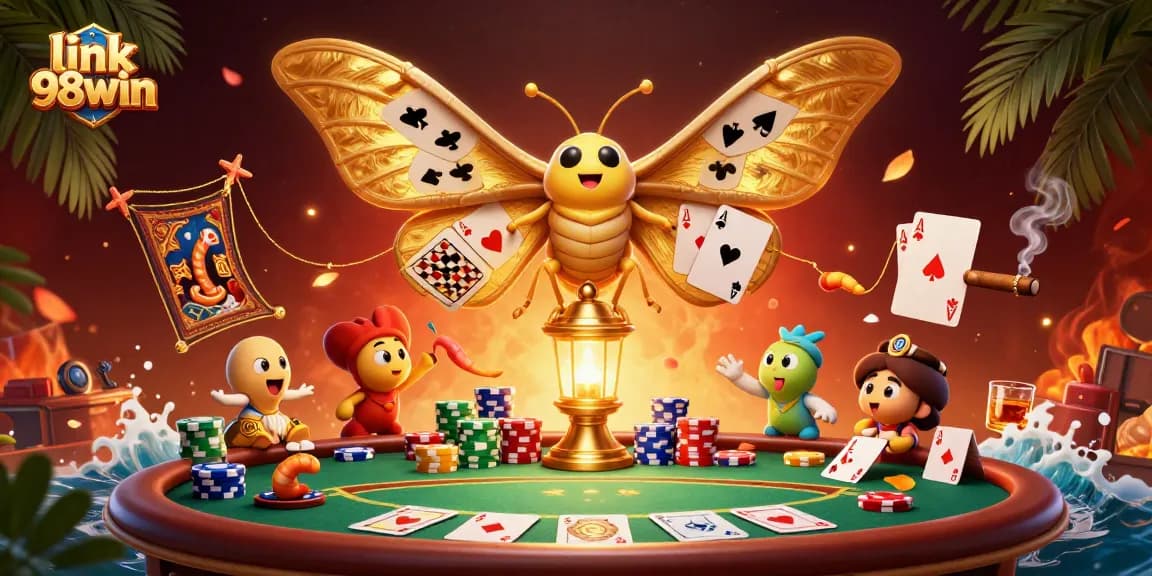 Join the excitement at link 98win as the magical moth reveals casino treasures in this vibrant illustration.