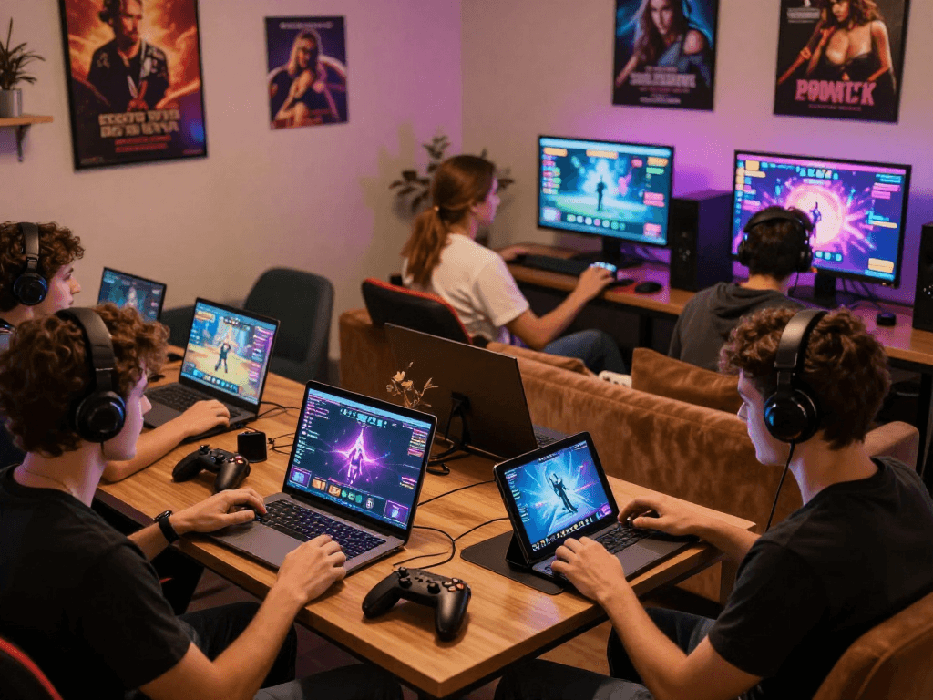 Players enjoying a thrilling sex game experience on multiple devices in a cozy gaming lounge.