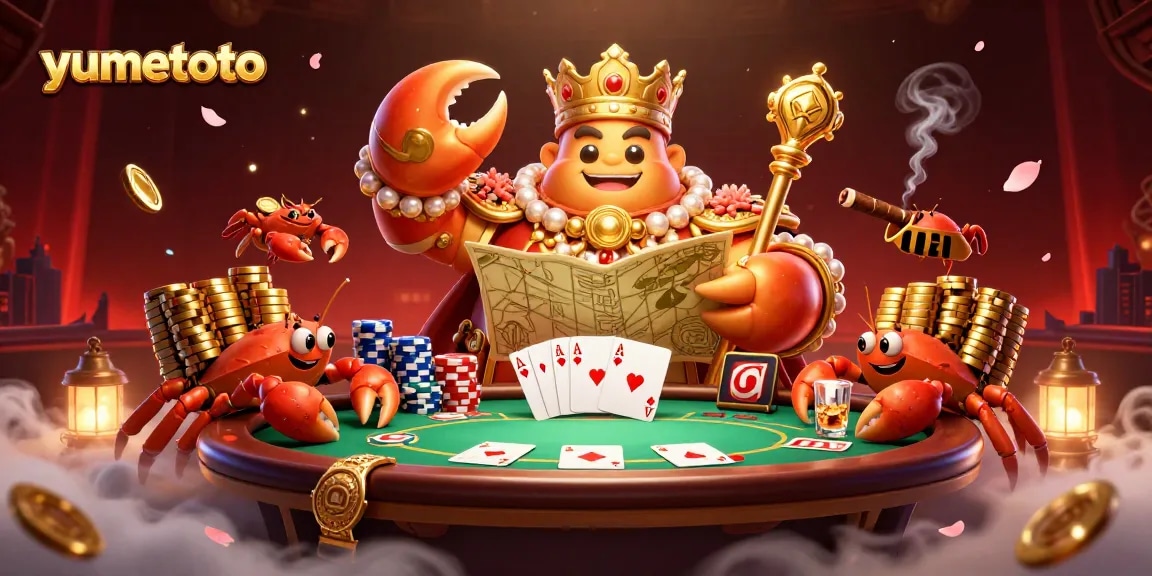 Engage with yumetoto's thrilling visual of a golden crab emperor amidst vibrant casino elements.
