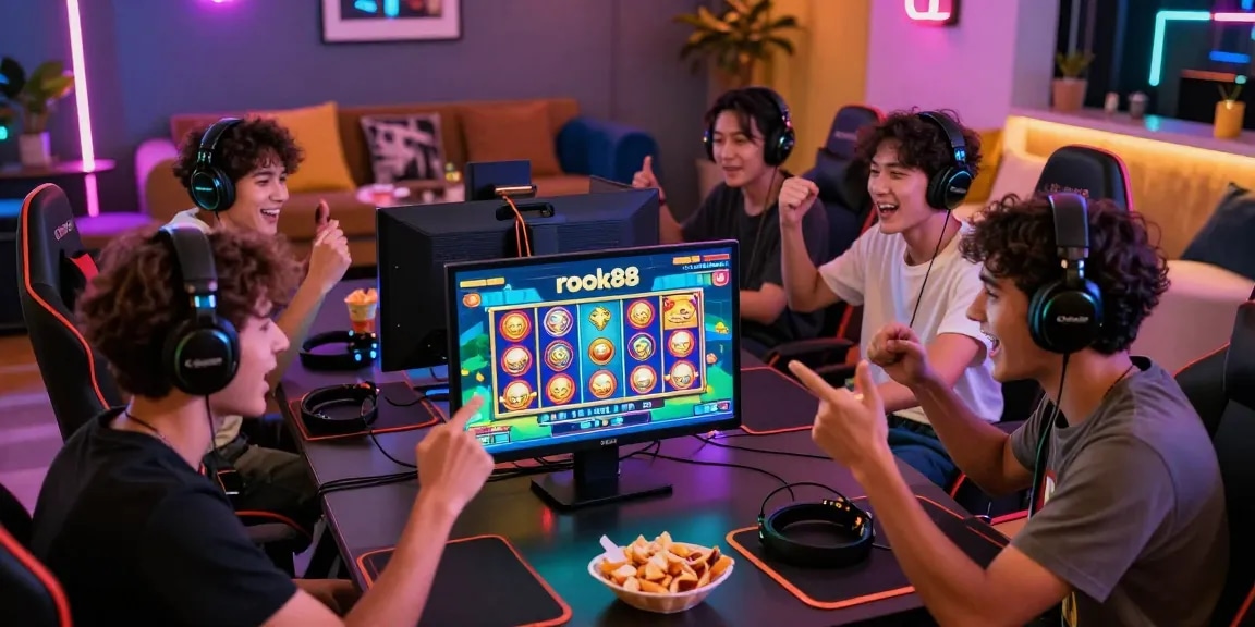 Friends enjoying the thrilling rokok88 slot game in a vibrant gaming lounge