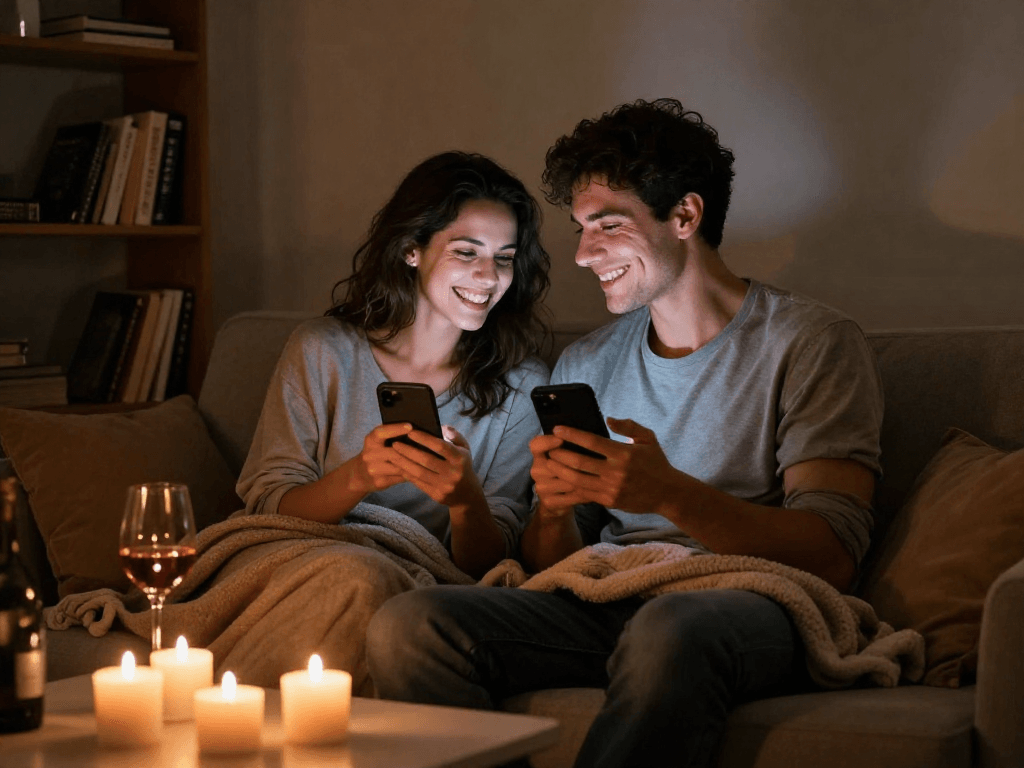 Couple enjoying sexting ai conversation on smartphones in intimate setting with candles and cozy atmosphere