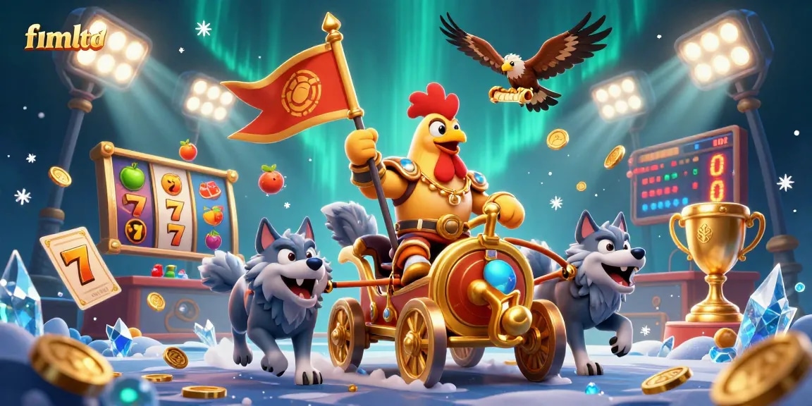 Play exciting slots at fimltd with a dynamic 3D casino illustration showcasing a rooster warlord and golden elements.