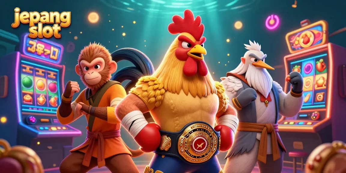 Engage with jepang slot in this vibrant 3D casino scene showcasing dynamic slot machines and colorful characters.