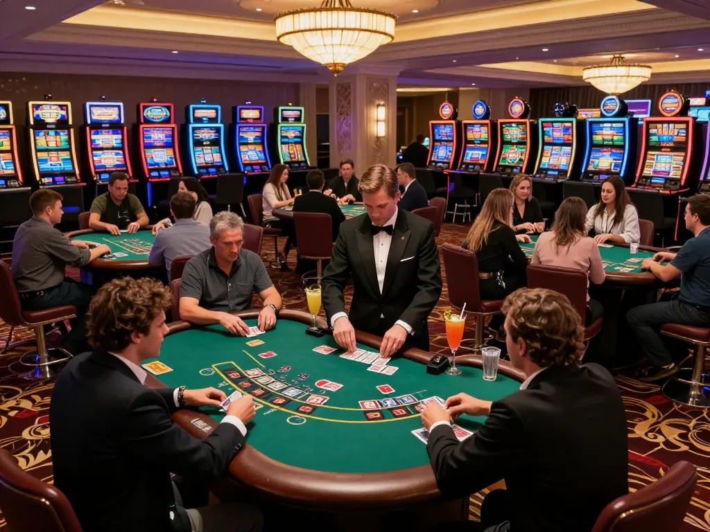 Watch exciting ดูหนังใหม่ moments at dynamic blackjack tables in a luxurious casino.