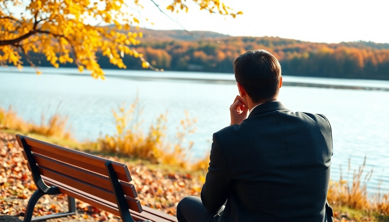 Find my true calling reflected in a thoughtful person by a tranquil lakeside.