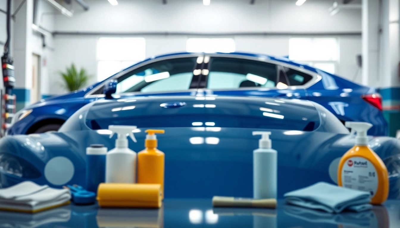 Interior and exterior car detailing setup highlighting a gleaming car and detailing tools in a professional garage.
