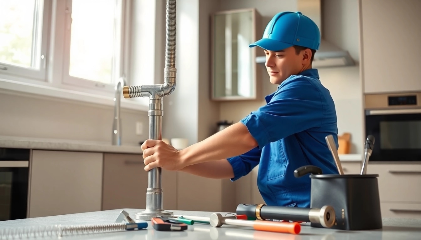 Plumber near me fixing a pipe in a modern kitchen, showcasing skills and reliability.