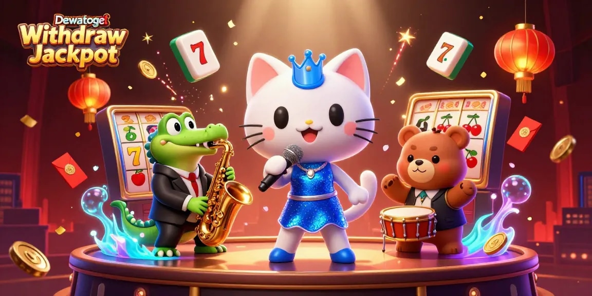 Dewatogel Withdraw Jackpot showcases a spirited casino scene with animated characters engaging players in a vibrant environment.