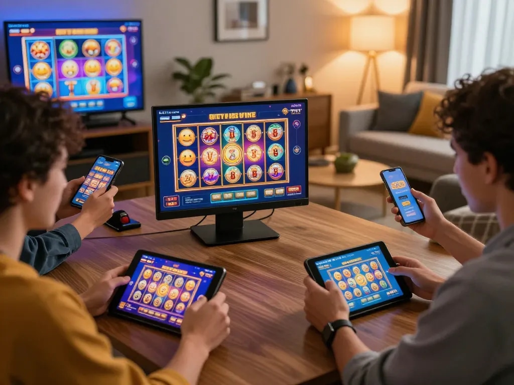 Players enjoying BUKA77 online casino games on tablets, showcasing a lively home gaming setup.