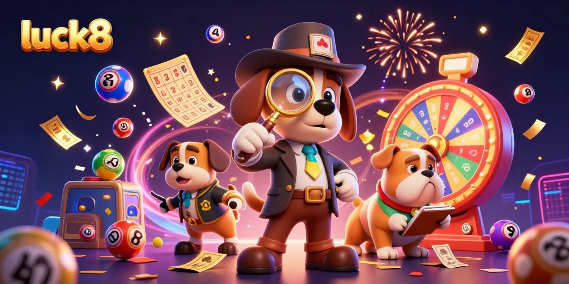 Experience the excitement of luck8 with animated lottery balls and festive confetti celebrating casino wins.