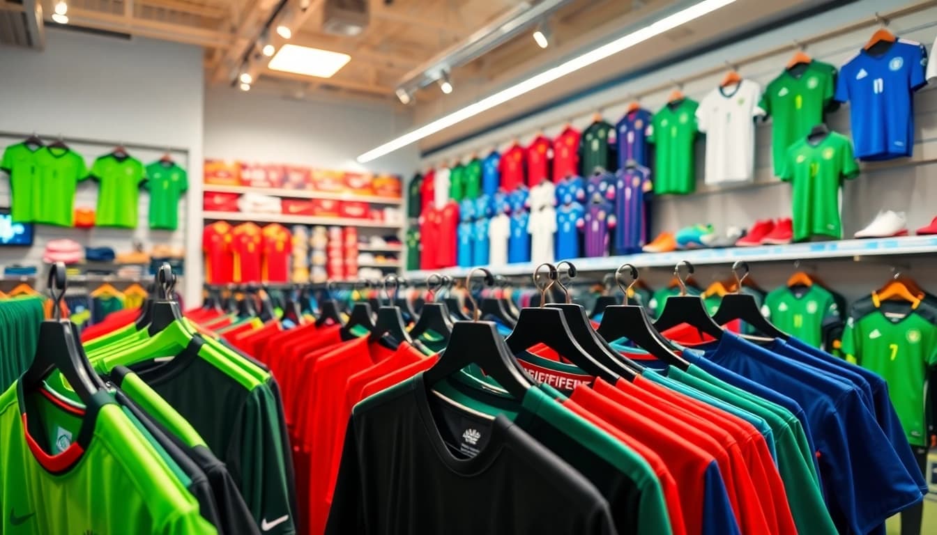 Showcase cheap football kits in a sporty retail environment, highlighting a variety of styles and colors.