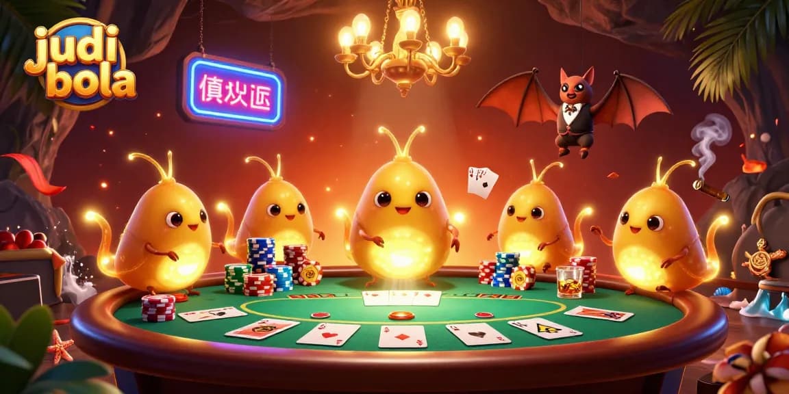 Experience judi bola excitement in a vibrant 3D casino scene featuring glowworms and a bat dealer.