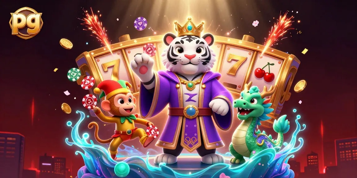 Engage with the pg slot experience featuring a royal tiger, monkey juggling chips, and jade dragon amidst festive decor.