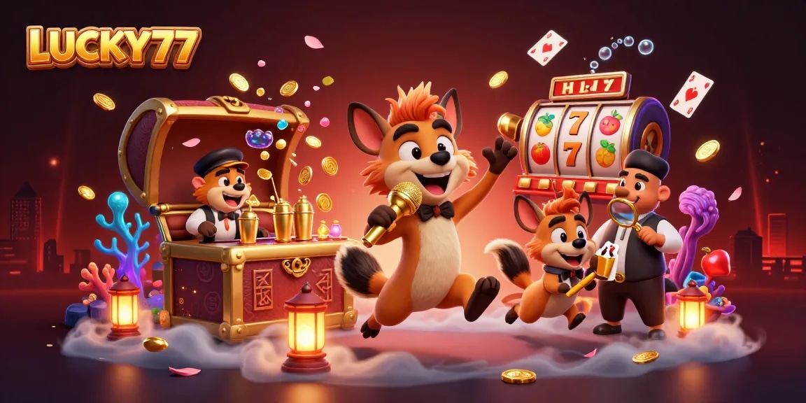 LUCKY77 hyenas entertain guests in a lively casino with gold coins and playing cards.