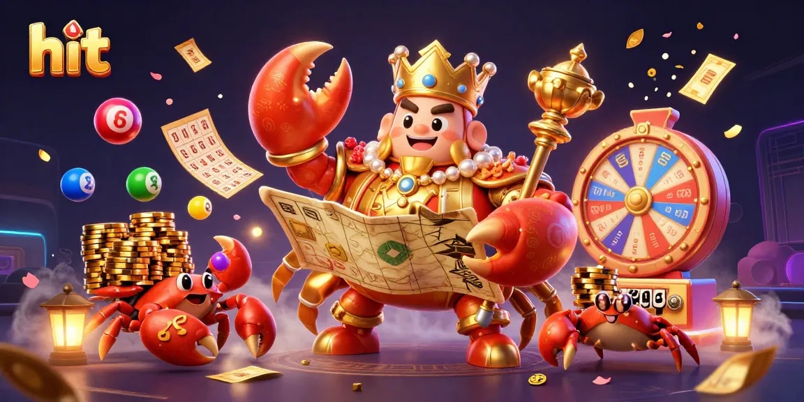 Hit vibrant golden crab emperor leading a dynamic casino scene with money rains and prize elements