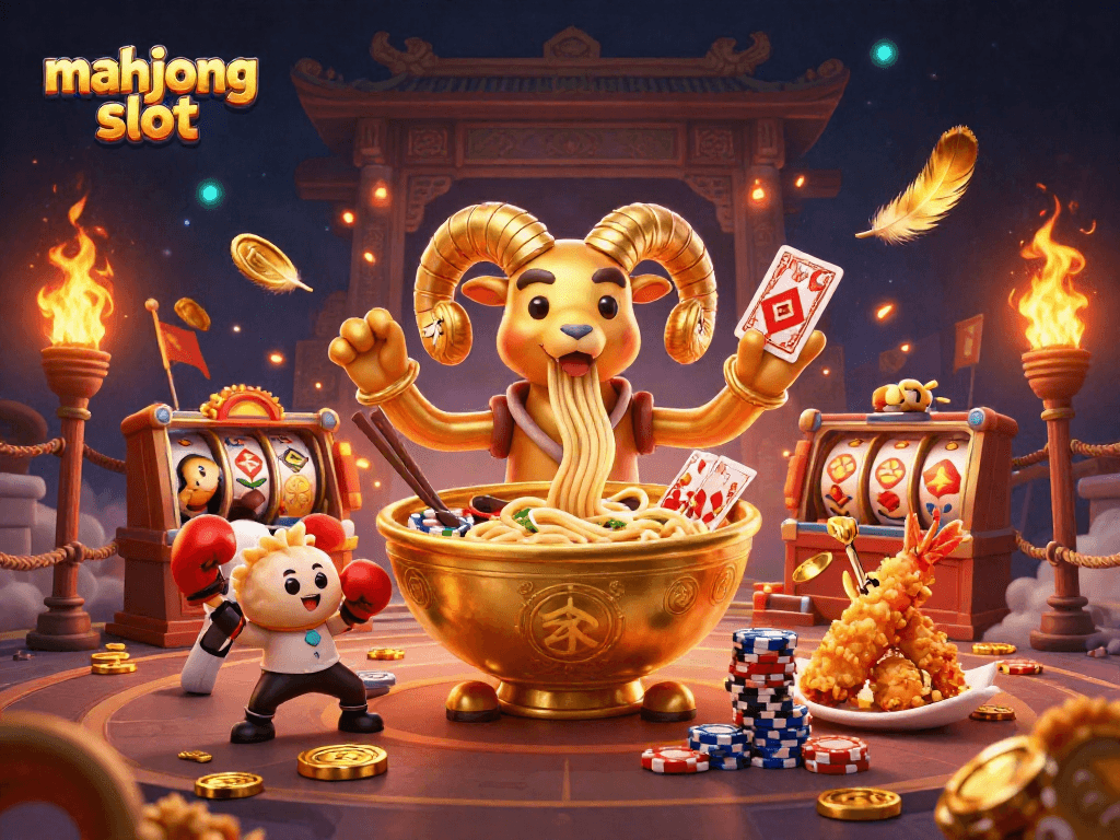 Experience the excitement of mahjong slot with a colorful, vibrant 3D casino scene featuring characters and game elements.