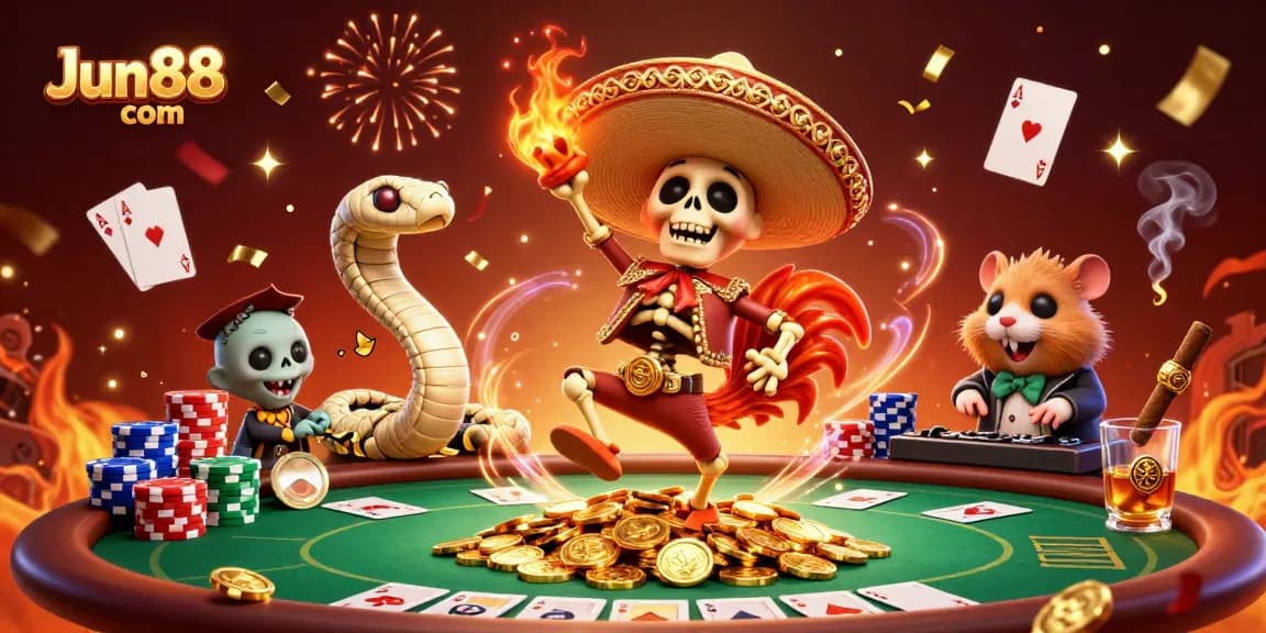 Unleash thrilling victories at Jun88 com with a festive casino scene filled with vibrant characters and poker action.