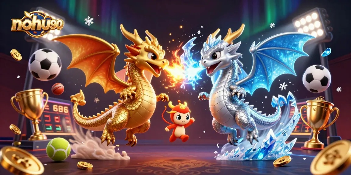 Nohu90 casino game scene featuring fierce twin dragons with sports elements and dynamic action